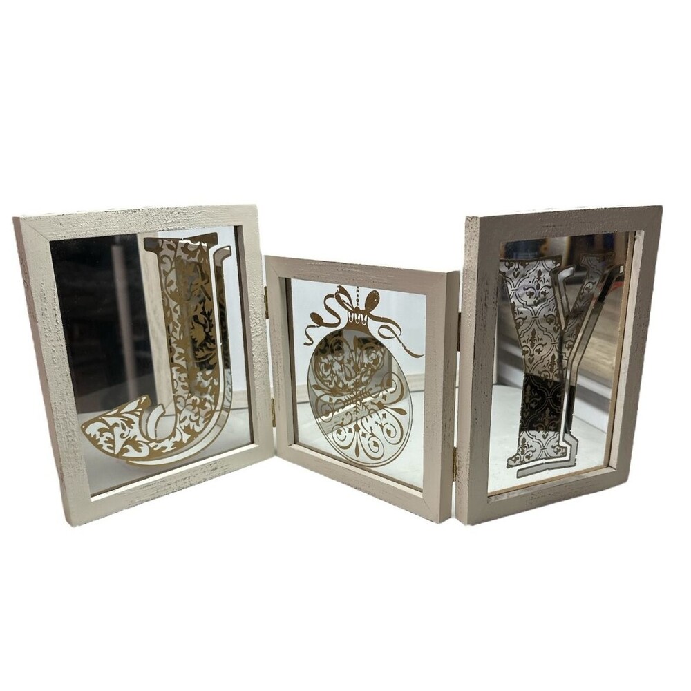 JOY‎ Folding Glass Wood Frame Gold Mirror Letters Cracker Barrel 2016 Christmas